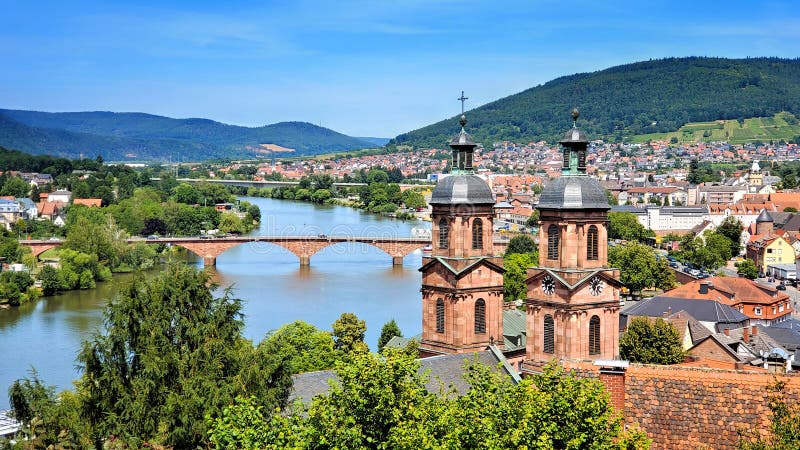 Overlooking the town of Miltenberg, Bavaria, Germany with old bridge and church spires