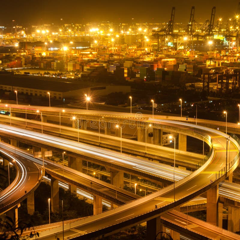 Overpass bridge and pier in night