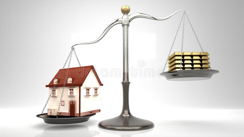 Small cartoon like house on a scale against stack of gold bars, light gray background