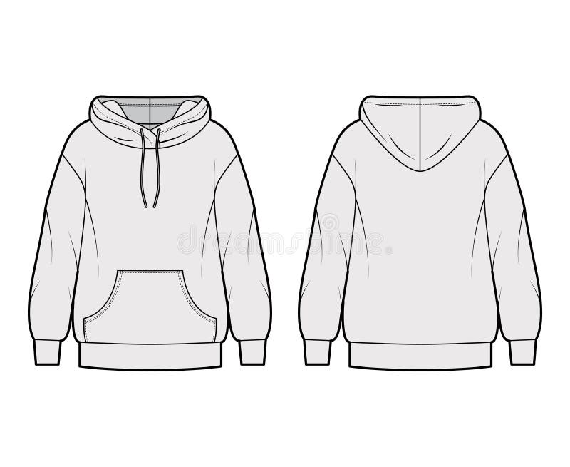 Oversized cotton-fleece hoodie technical fashion illustration with pocket, relaxed fit, long sleeves. Flat outwear jumper apparel template front, back grey color. Women, men, unisex sweatshirt top CAD. Oversized cotton-fleece hoodie technical fashion illustration with pocket, relaxed fit, long sleeves. Flat outwear jumper apparel template front, back grey color. Women, men, unisex sweatshirt top CAD