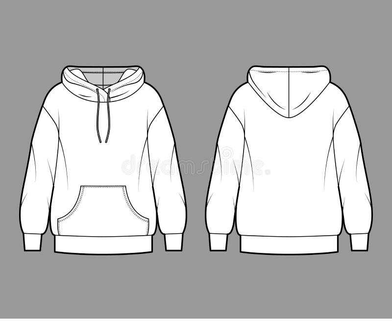 Oversized cotton-fleece hoodie technical fashion illustration with pocket, relaxed fit, long sleeves. Flat outwear jumper apparel template front back white color. Women, men, unisex sweatshirt top CAD. Oversized cotton-fleece hoodie technical fashion illustration with pocket, relaxed fit, long sleeves. Flat outwear jumper apparel template front back white color. Women, men, unisex sweatshirt top CAD
