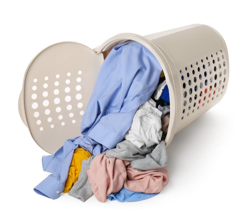 Overturned Laundry Basket Full of Clothes Isolated on White Stock Photo