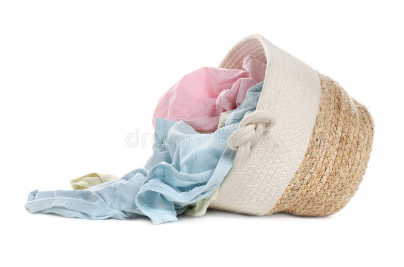 Overturned Laundry Basket Full of Clothes Isolated on White Stock Image