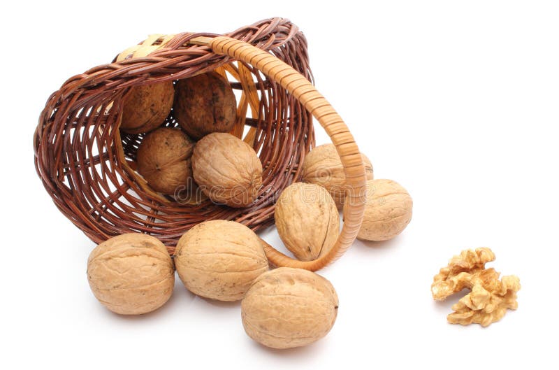 Overturned wicker basket with wanuts on white background stock photos