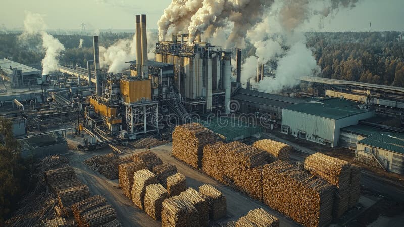 Complex Industrial Factory with Wood Storage Nearby royalty free illustration