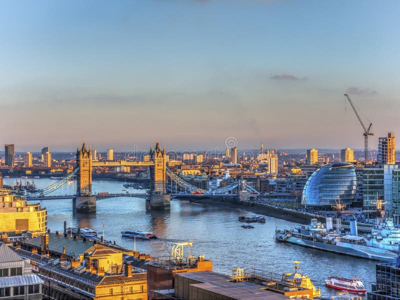 Overview of River Thames in Sunset in London