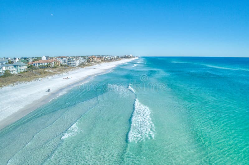 Overwater Aerial View of Breaking Waves at Santa Rosa Beach Florida located amongst the World-Famous 30A. This photo features an overwater aerial view of stock images