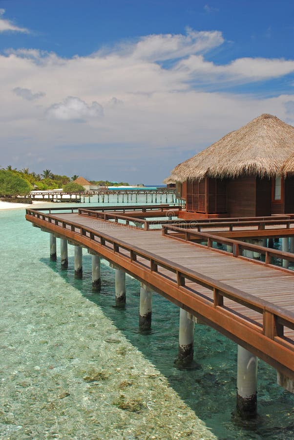 Blue sky turquoise water overwater Bungalow for your next Island Vacation at a tropical resort island, Maldives