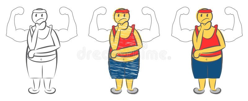 Overweight man dreaming about muscular body. Weight loss concept. Character pretend to be strong man. Young fat guy dreaming. stock illustration Overweight man dreaming about muscular body. Weight loss concept. Character pretend to be strong man. Young fat guy dreaming. stock illustration