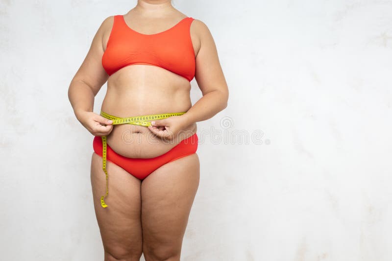 Overweight Woman Demonstrate Large Figure, Free Copy Space, White Background.  Naked Woman in Red Underwear with Stock Image - Image of female, fatty:  261417681