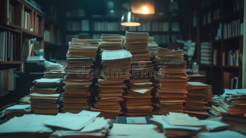 Overwhelmed: A Mountain of Paperwork stock illustration