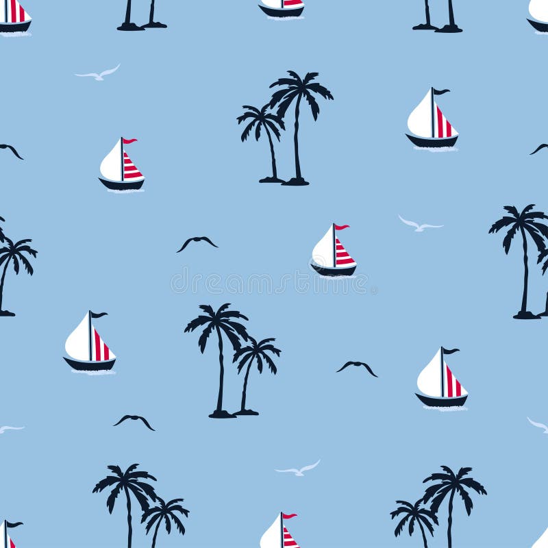 Overzees de zomer naadloos patroon met palmen, schepen, zeemeeuwen vector illustratie Overzees de zomer naadloos patroon met palmen, schepen, zeemeeuwen vector illustratie