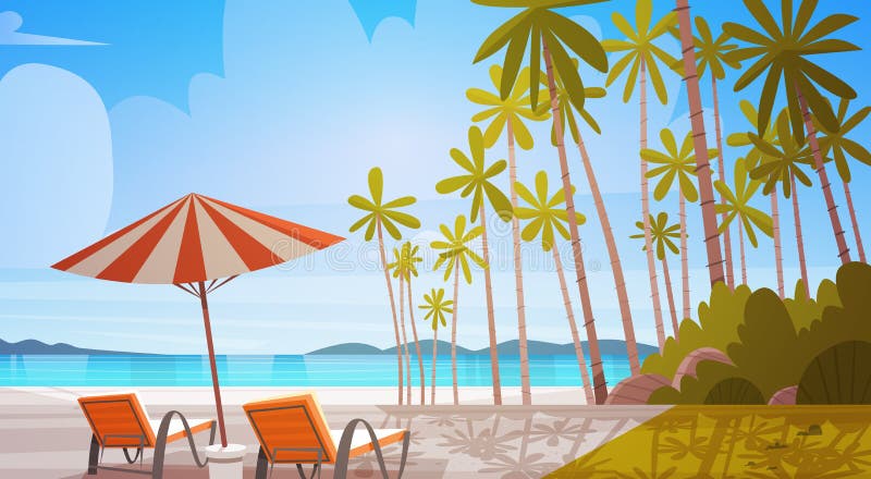 Overzees Kuststrand met van de het Landschapszomer van de Ligstoelen Mooi Kust de Vakantieconcept stock illustratie Overzees Kuststrand met van de het Landschapszomer van de Ligstoelen Mooi Kust de Vakantieconcept stock illustratie