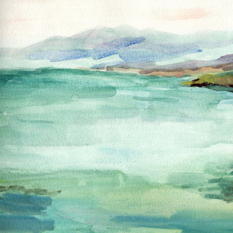 Overzees landschap, overzeese kant, strand Mooie waterverfhand het schilderen illustratie
