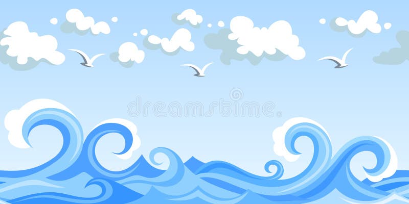 Overzeese golven en wolken. horizontaal naadloos landschap. stock illustratie Overzeese golven en wolken. horizontaal naadloos landschap. stock illustratie