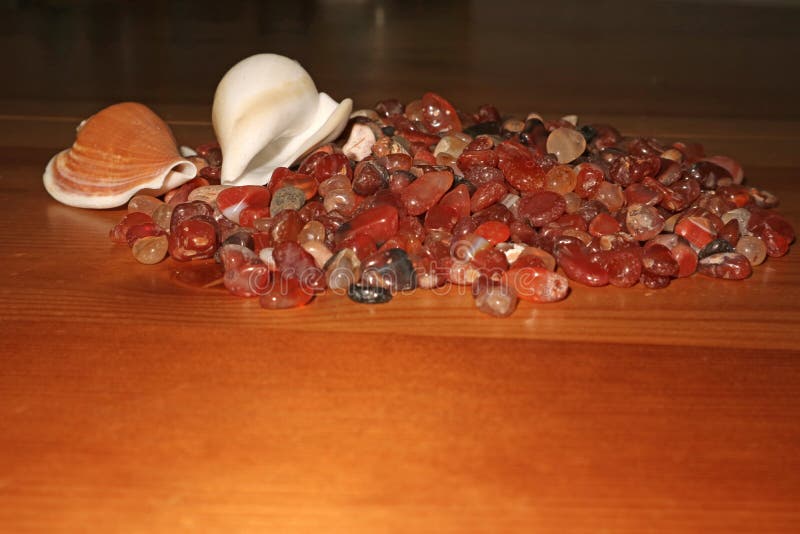 Overzeese stenen en shells die op een houten lijst in massa liggen stock afbeelding Overzeese stenen en shells die op een houten lijst in massa liggen stock afbeelding