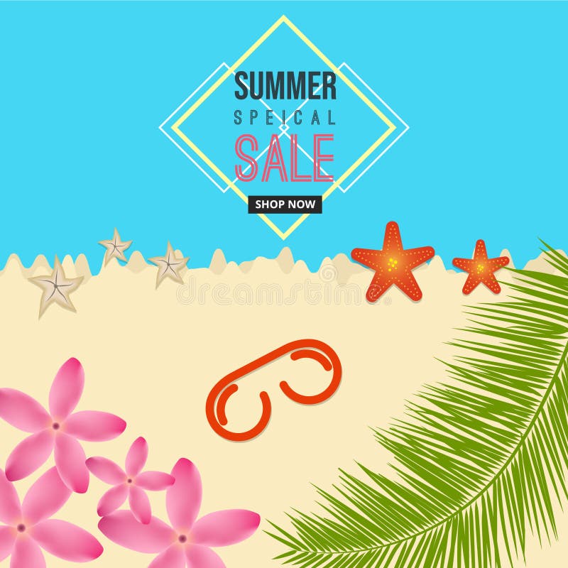 Overzeese van de de zomer speciale verkoop strandachtergrond met bloem, zon-glas, zeester, kokospalmelementen vector illustratie Overzeese van de de zomer speciale verkoop strandachtergrond met bloem, zon-glas, zeester, kokospalmelementen vector illustratie