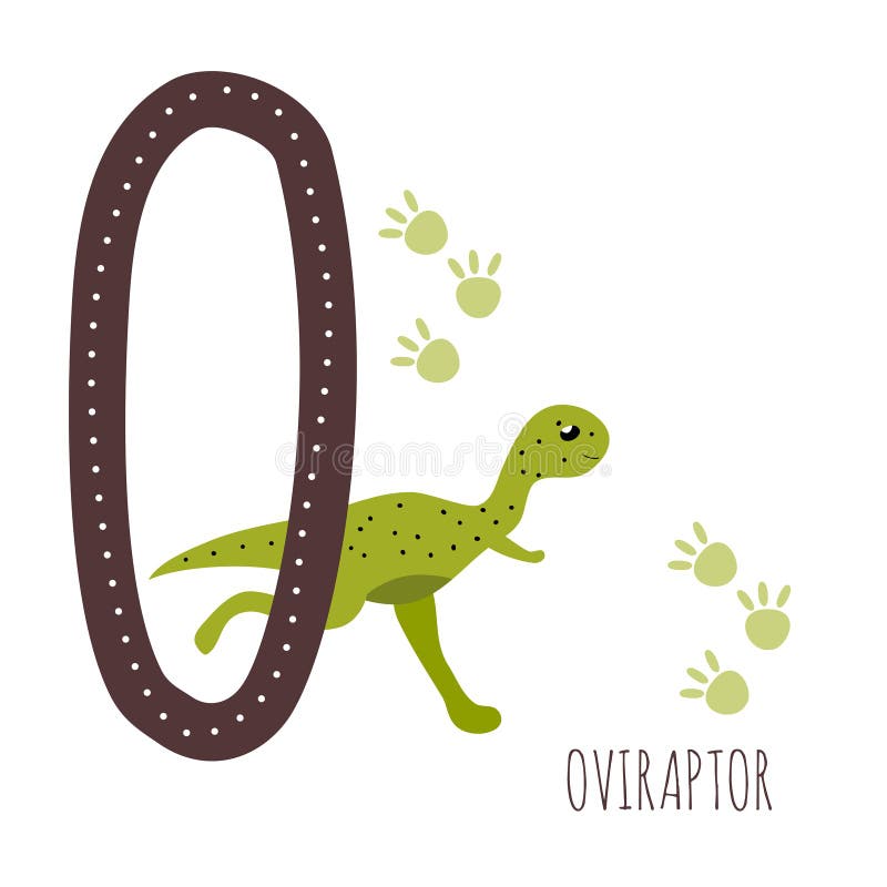Oviraptor. Letter O with reptile name. Hand drawn cute omnivorous dinosaur. Educational prehistoric illustration. Dino alphabet. stock illustration