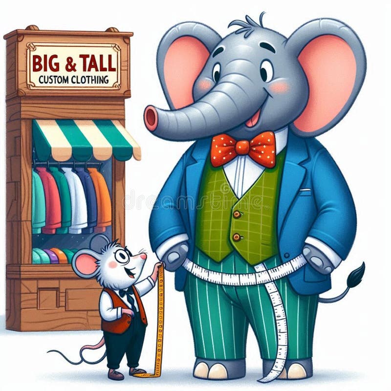 Oväntad besökare : elefant går in i skräddarföretag stock illustrationer