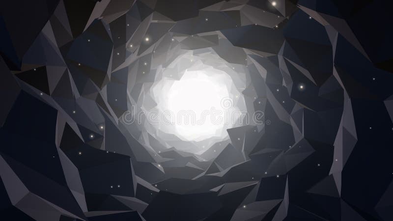 Ow Poly Cave Tunnel Glowing Light Dust Particles Abstract Background. 3D Rendered. vector illustration