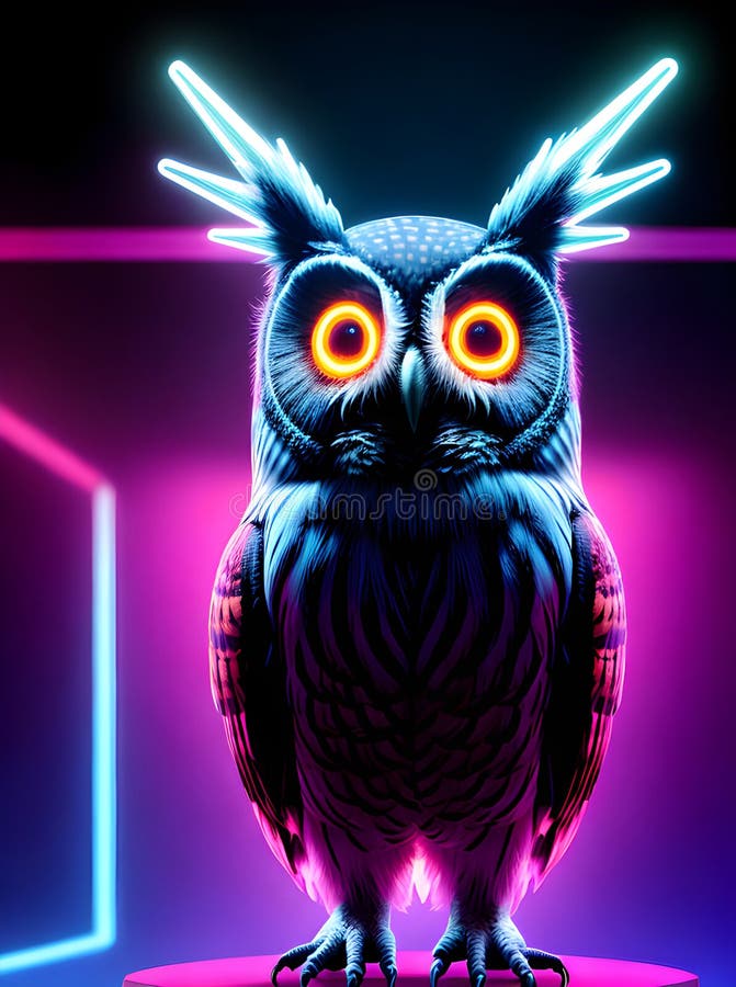 Artă bufniță cu hues de neon 3d vector illustration