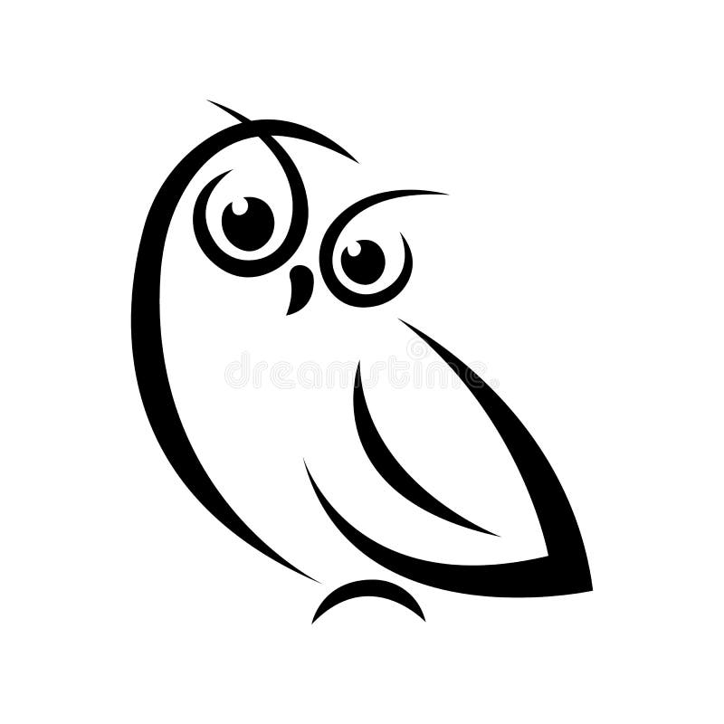 Owl black bird silhouette drawn by curved lines on a white isolated background. Owl tattoo, company logo, agencies, emblem