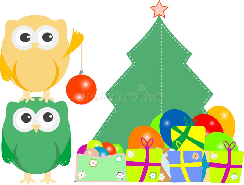 Owl family with christmas tree, balls, balloons