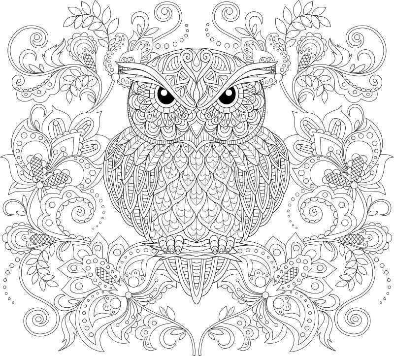 Decorative Owl on a Flowering Branch Coloring Book for Adults. Hand Drawn  Decorative Owl for the Anti Stress Coloring Page Stock Vector -  Illustration of abstract, drawn: 116211446