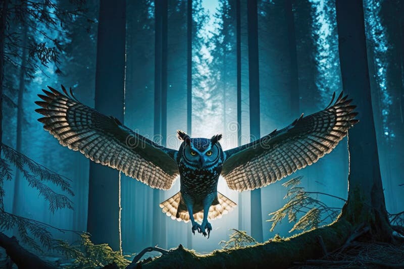 Owl Flying through Moonlit Forest, Its Wingspan Casting Shadows on the