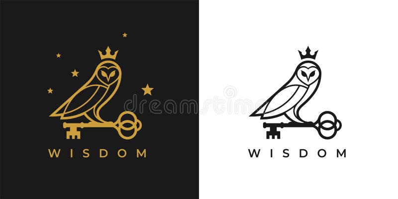 Owl with key and crown logo icon. Concept wisdom symbol. knowledge sign. Vector illustration