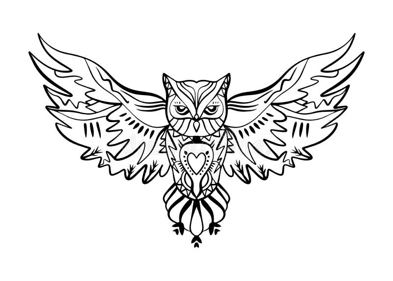 Owl Tattoo Outline. Boho Tribal Style. Line Ethnic Ornaments. Poster ...