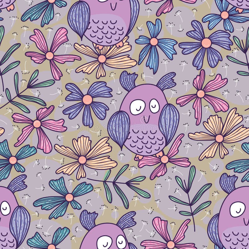 Owl purple seamless pattern