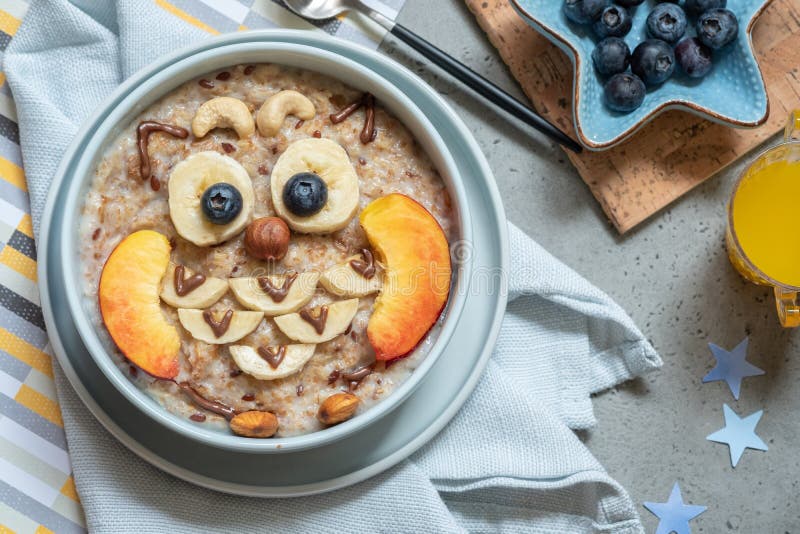 Owl shaped breakfast oatmeal porridge for kids.