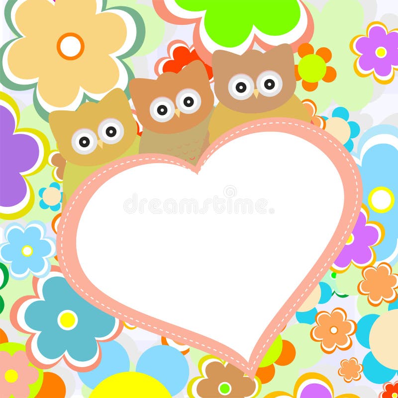 Owls in flowers with big heart. vector