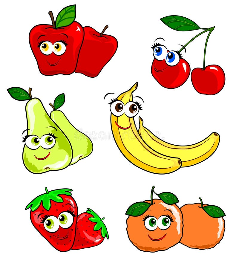 Funny vector illustration depicting various pairs of fruit with cheerful smiling faces. Funny vector illustration depicting various pairs of fruit with cheerful smiling faces