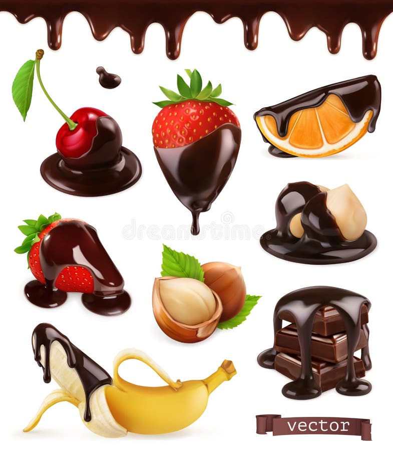 Owoc i jagody w czekoladzie Wiśnia, truskawki, banan, pomarańcze i hazelnuts, 3d wektoru set ilustracja wektor Owoc i jagody w czekoladzie Wiśnia, truskawki, banan, pomarańcze i hazelnuts, 3d wektoru set ilustracja wektor
