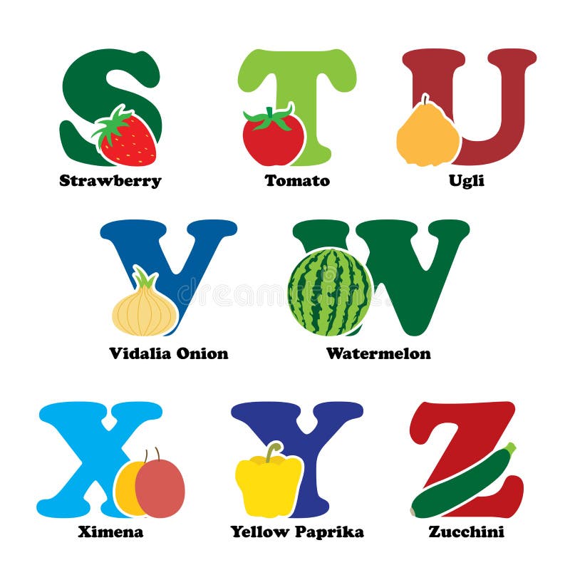 A vector illustration of fruit and vegetables in alphabetical order from S to Z. A vector illustration of fruit and vegetables in alphabetical order from S to Z
