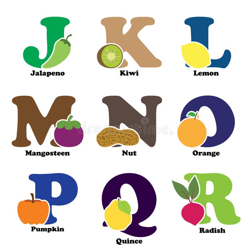 A vector illustration of fruit and vegetables in alphabetical order from J to R. A vector illustration of fruit and vegetables in alphabetical order from J to R