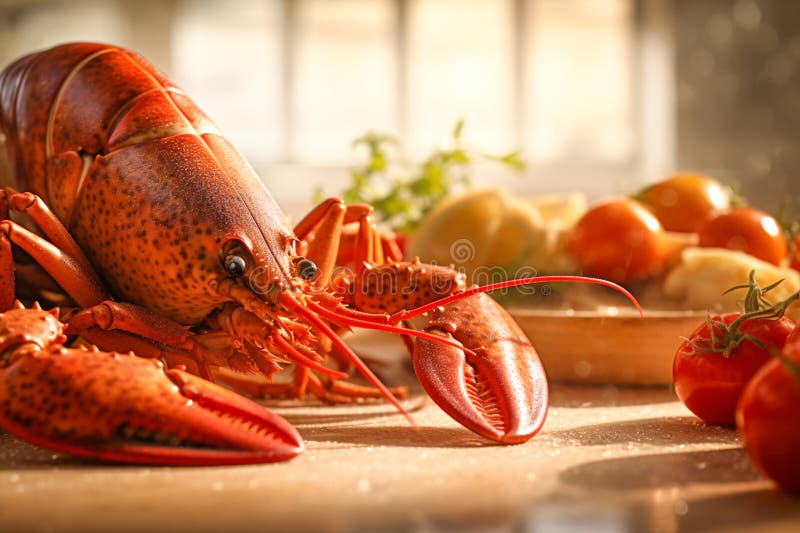 Lobster dish in a plate with vegetables and lemon. Seafood on the table with vegetables and boiled lobster. Generative AI. Lobster dish in a plate with vegetables and lemon. Seafood on the table with vegetables and boiled lobster. Generative AI