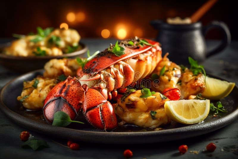 Lobster dish in a plate with vegetables and lemon. Seafood on the table with vegetables and boiled lobster. Generative AI. Lobster dish in a plate with vegetables and lemon. Seafood on the table with vegetables and boiled lobster. Generative AI