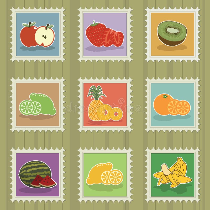 Collection of bright stamps with fruit motifs. Collection of bright stamps with fruit motifs