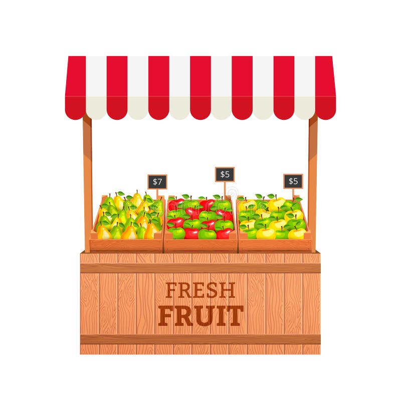 Stand for selling fruit. Apples and Pears in wooden boxes. Fruit stand. Vector illustration. Stand for selling fruit. Apples and Pears in wooden boxes. Fruit stand. Vector illustration