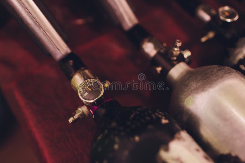 Oxygen Cylinders. Steel Cylinders with Compressed Air. Stock Photo