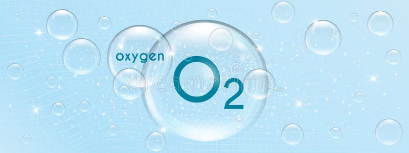 Oxygen molecule in a transparent 3d bubble. Clean water and air icon. O2 chemical element. Vector illustration on abstract blue background. Oxygen molecule blue vectors