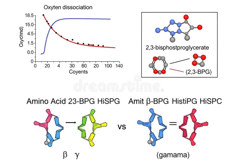 Diagram exploring oxyhemoglobin dissociation and interactions with 2,3-bisphosphoglycerate (2,3-BPG). Top-left shows a graph of oxyhemoglobin dissociation curves, indicating oxygen binding changes. Top-right illustrates a 2,3-BPG molecule model. Bottom section compares interactions: "Amino Acid 23-BPG HiSPG" shows two structures (pink, green, yellow) described as? and?. "Amit? -BPG HistiPG HiSPC" presents blue and red structures as equal or similar (labeled "gamama"). Elements focus on biochemical principles of protein and ligand binding. Oxygen molecule blue illustrations