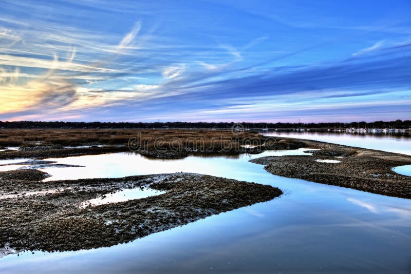 Oyster beds and harbor hdr stock image. Image of marshy 12810429
