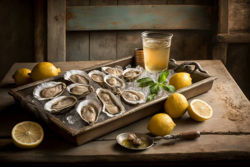 Oysters and Lemon Wedges on Wooden Tray. Generative AI Stock