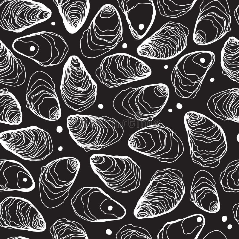 Oysters and Pearls Hand Drawn Seamless Line Pattern on Black Stock