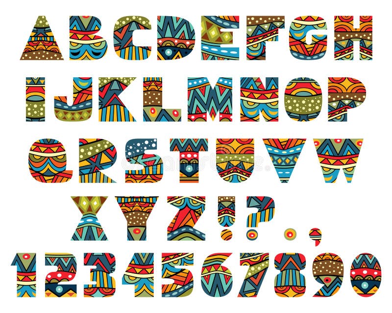 Set of ABC letters with abstract ethnic African patterns. Rich ornate alphabet in African culture style. Fancy multicolored capital letters, schematic shapes. Isolated on white. (Vector is EPS8, all elements are grouped). Set of ABC letters with abstract ethnic African patterns. Rich ornate alphabet in African culture style. Fancy multicolored capital letters, schematic shapes. Isolated on white. (Vector is EPS8, all elements are grouped)