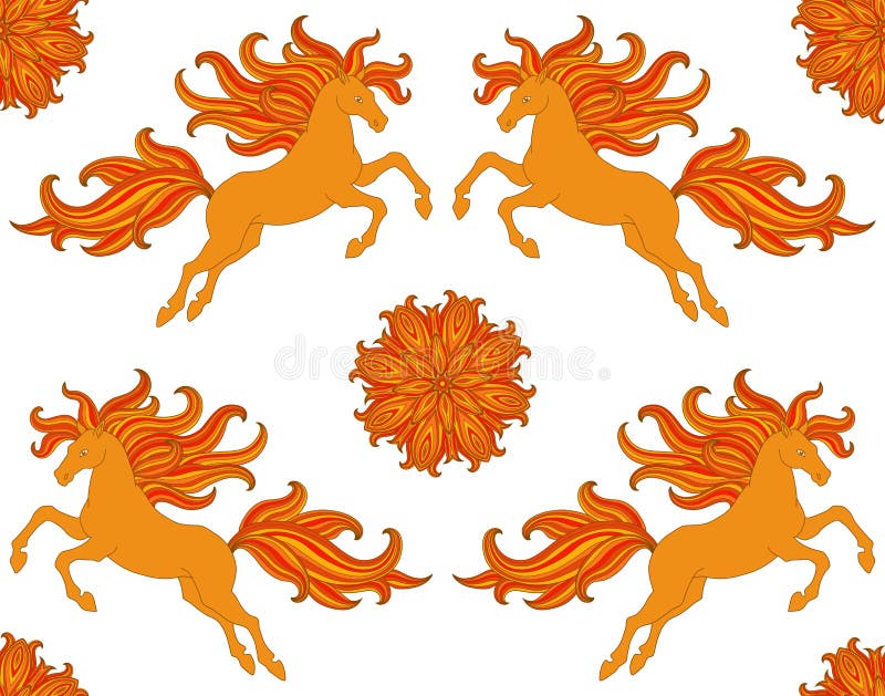 Ozdobny bezszwowy wzór z stylizowanymi koniami i kwiaty w boho projektujemy Wektorowy projekt dla tkaniny, sieć, drukuje royalty ilustracja Ozdobny bezszwowy wzór z stylizowanymi koniami i kwiaty w boho projektujemy Wektorowy projekt dla tkaniny, sieć, drukuje royalty ilustracja